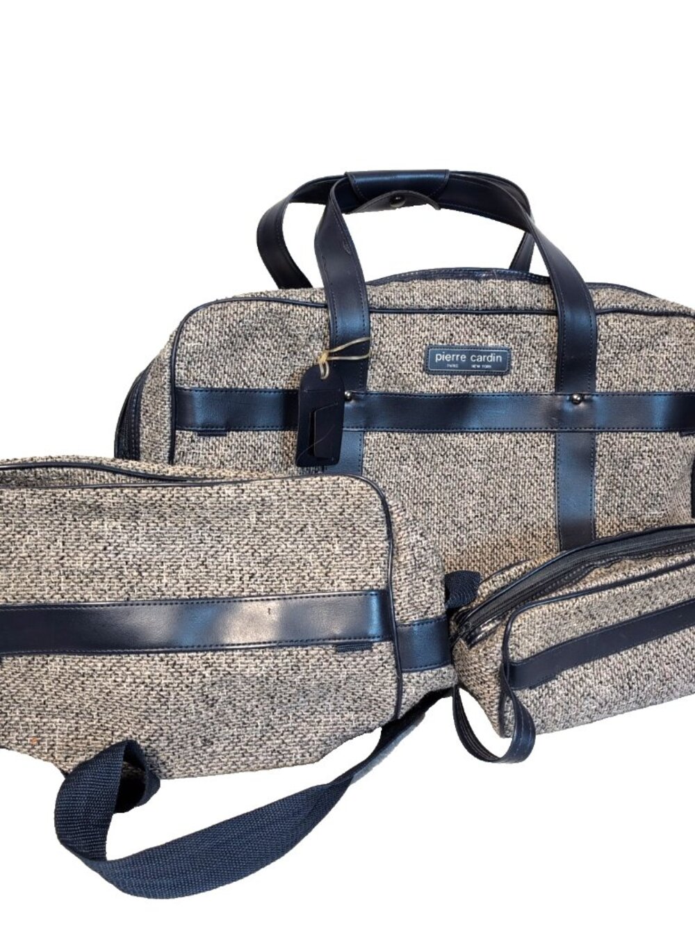 Matching Set of 3 Pierre Cardin Tweed Travel Bags Grey and Navy GUC See Details